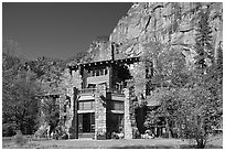 Ahwahnee lodge and cliffs. Yosemite National Park, California, USA. (black and white)