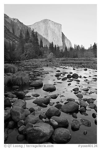 Boulders in Merced River and El Capitan at sunset. Yosemite National Park, California, USA.