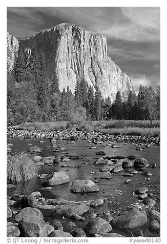 Pebbles, Merced River, and El Capitan, morning. Yosemite National Park (black and white)