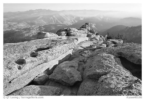 Summit of Mount Hoffman with hazy Yosemite Valley in the distance. Yosemite National Park (black and white)