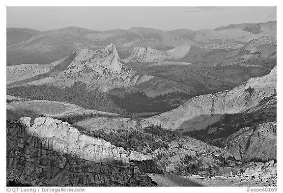 Cathedral Peak in the distance at sunset. Yosemite National Park, California, USA.