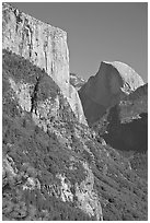 El Capitan and Half-Dome. Yosemite National Park, California, USA. (black and white)