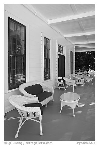 Chairs on porch, Wawona lodge. Yosemite National Park (black and white)