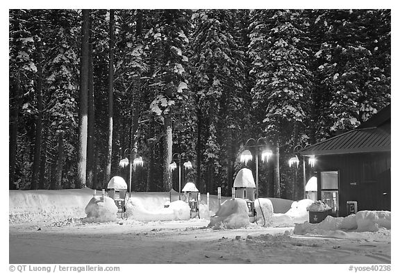 Crane Flat gas station with snow at dusk. Yosemite National Park, California, USA.