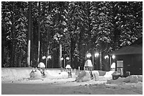 Crane Flat gas station with snow at dusk. Yosemite National Park, California, USA. (black and white)