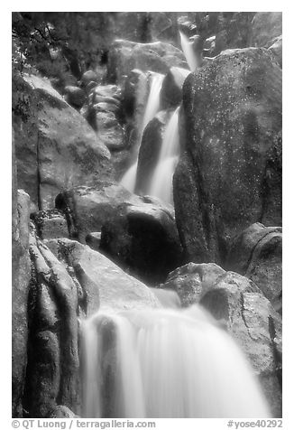 Cascading water in Chilnualna Falls. Yosemite National Park (black and white)