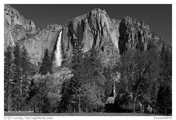 Yosemite Falls and Yosemite Chapel in spring. Yosemite National Park, California, USA.