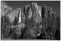 Yosemite Falls and Yosemite Chapel in spring. Yosemite National Park, California, USA. (black and white)