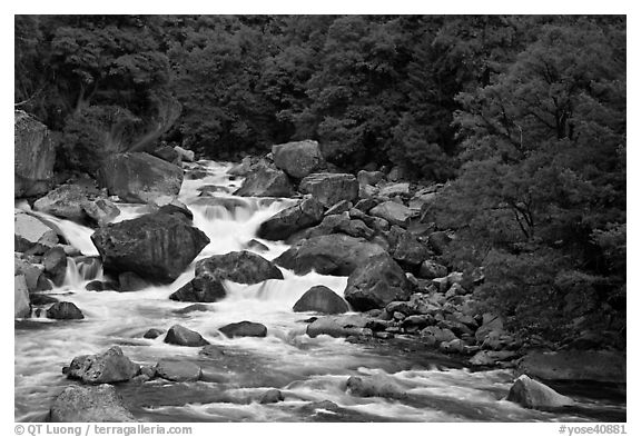 Merced River and boulders in spring, Lower Merced Canyon. Yosemite National Park, California, USA.