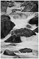 Boulders and rapids, Lower Merced Canyon. Yosemite National Park, California, USA. (black and white)