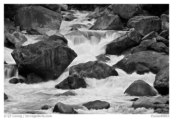 Cascades and boulders, Lower Merced Canyon. Yosemite National Park (black and white)
