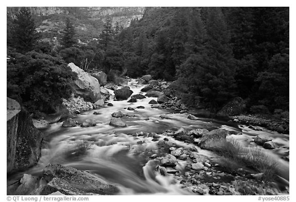 Lower Merced Canyon with wide Merced River. Yosemite National Park (black and white)