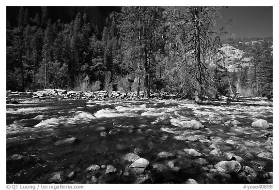 Wide stretch of Merced River in spring, Lower Merced Canyon. Yosemite National Park (black and white)
