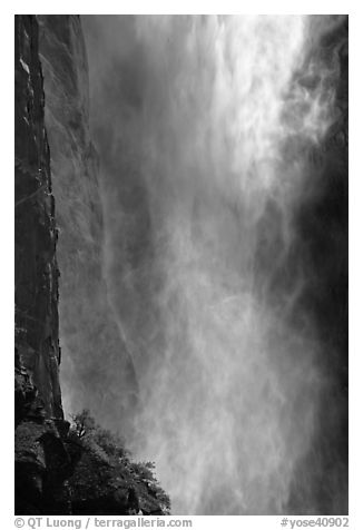 Falling water and spray, Bridalveil falls. Yosemite National Park (black and white)