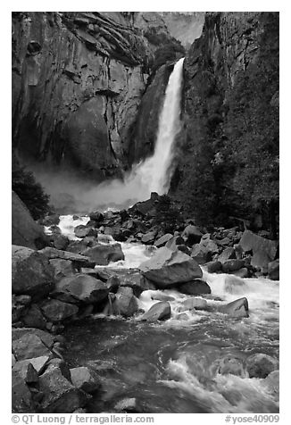 Lower Yosemite Falls in springtime. Yosemite National Park (black and white)
