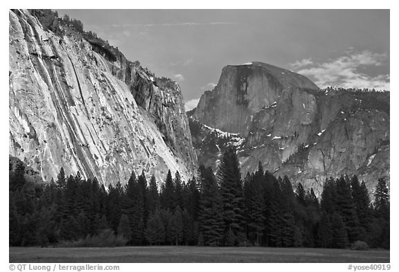 Seasonal waterfall on Royal Arches and Half-Dome. Yosemite National Park (black and white)