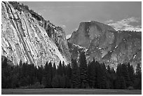 Seasonal waterfall on Royal Arches and Half-Dome. Yosemite National Park, California, USA. (black and white)