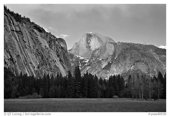 Seasonal waterfall and Half-Dome from Awhanhee Meadow. Yosemite National Park (black and white)
