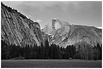 Seasonal waterfall and Half-Dome from Awhanhee Meadow. Yosemite National Park, California, USA. (black and white)