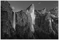 Bridalveil falls and Leaning Tower, sunset. Yosemite National Park ( black and white)