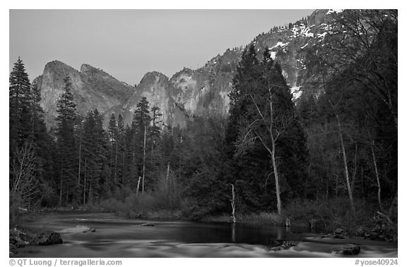 Merced River and Cathedral rocks at dusk. Yosemite National Park (black and white)