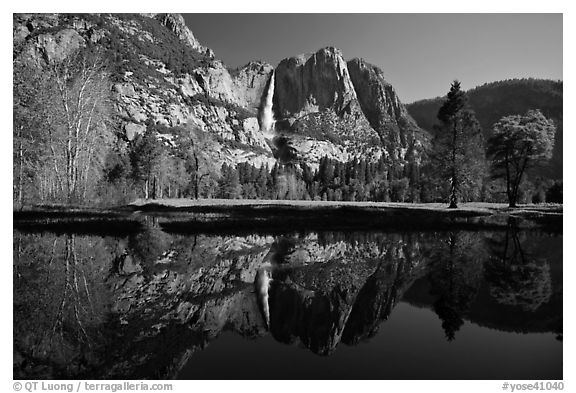 Yosemite Falls and meadow reflected in a seasonal pond. Yosemite National Park (black and white)
