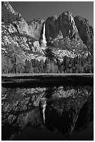 Yosemite Falls and meadow reflected in run-off pond, morning. Yosemite National Park ( black and white)