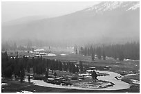 Seasonal ponds and fog, Tuolumne Meadows. Yosemite National Park, California, USA. (black and white)