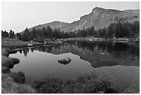 Mt Dana shoulder reflected in tarn at dusk. Yosemite National Park, California, USA. (black and white)