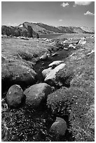 Boulders, stream, and lower Gaylor Lake. Yosemite National Park, California, USA. (black and white)