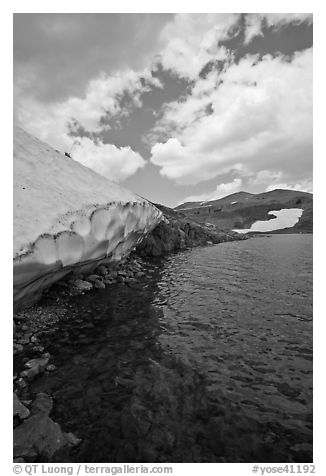 Neve on shore of upper Gaylor Lake. Yosemite National Park (black and white)