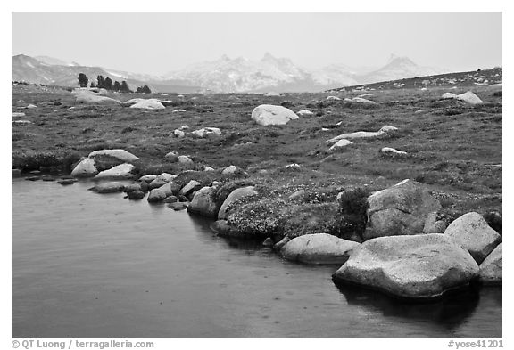 Shore of Gaylor Lake and Cathedral range. Yosemite National Park (black and white)