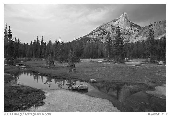 Stream, meadow, and Cathedral Peak, afternoon. Yosemite National Park, California, USA.