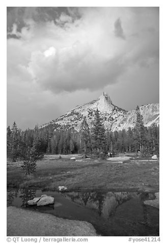 Meadow, Cathedral Peak, and clouds. Yosemite National Park (black and white)