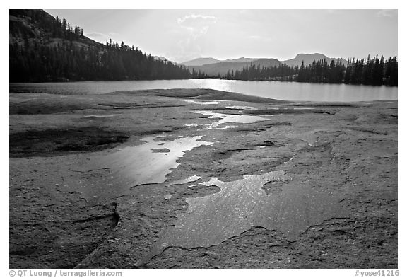 Glacial polish and Lower Cathedral Lake, late afternoon. Yosemite National Park, California, USA.