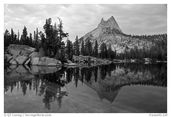 Upper Cathedral Lake and Cathedral Peak at dusk. Yosemite National Park (black and white)