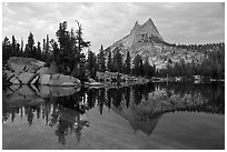 Upper Cathedral Lake and Cathedral Peak at dusk. Yosemite National Park, California, USA. (black and white)