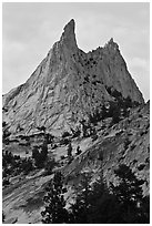 Spires on Cathedral Peak at sunset. Yosemite National Park, California, USA. (black and white)