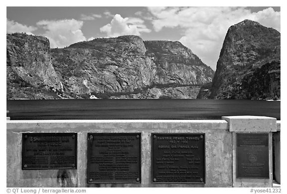 Commemorative inscriptions on dam and Hetch Hetchy reservoir. Yosemite National Park (black and white)