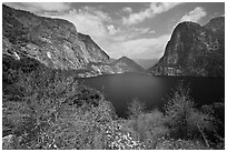 Wapama Fall, Hetch Hetchy Dome, Kolana Rock, Hetch Hetchy. Yosemite National Park, California, USA. (black and white)
