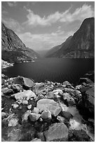 Stream from Wapama fall and Hetch Hetchy reservoir. Yosemite National Park, California, USA. (black and white)