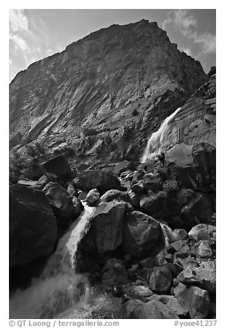 Wapama falls and rock wall, late summer afternoon. Yosemite National Park (black and white)