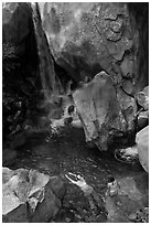 Swimmers in a pool at the base of Wapama falls, Hetch Hetchy. Yosemite National Park, California, USA. (black and white)