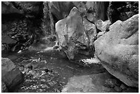 Children swimming in pool at the base of Wapama falls. Yosemite National Park, California, USA. (black and white)