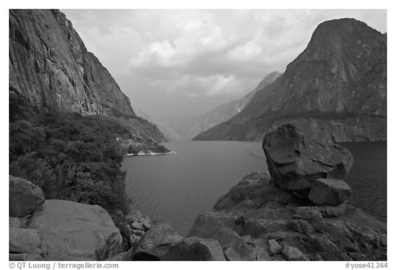 Reservoir and Kolana Rock, summer storm, Hetch Hetchy. Yosemite National Park (black and white)