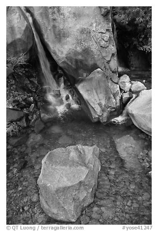 Boulder and emerald waters in pool, Wapama Falls, Hetch Hetchy. Yosemite National Park, California, USA.