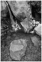 Boulder and emerald waters in pool, Wapama Falls, Hetch Hetchy. Yosemite National Park, California, USA. (black and white)