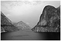 Kolana Rock and Hetch Hetchy reservoir, afternoon. Yosemite National Park, California, USA. (black and white)