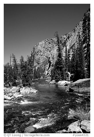 Tuolumne river on its way to  Canyon of the Tuolumne. Yosemite National Park (black and white)