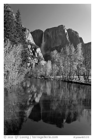Yosemite Falls reflected in mirror-like Merced River, early spring. Yosemite National Park (black and white)